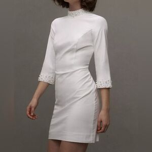 BHLDN Brynlee Mock-Neck 3/4 Sleeve Mini Dress w Pearl Accents, Ivory, LARGE